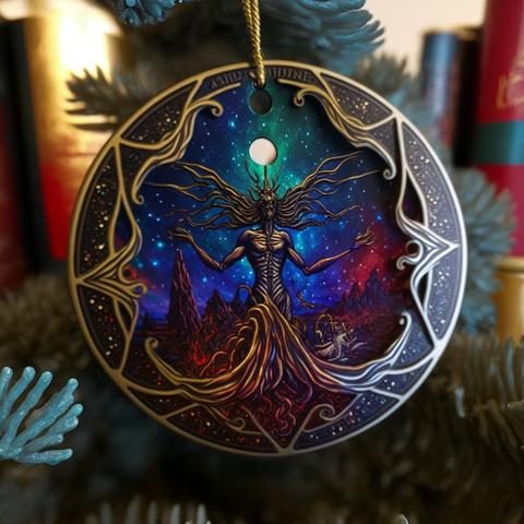 A medallion style old fashioned glass Christmas Tree ornament, the background in filled with stars and red, green and bluenebula.  In the center is a figure that looks like it is rising from tree roots, with its arms open and what might or might not be hair on its head streaming out in all directions.