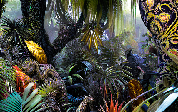 a somewhat faded photographic view of an old movie-set jungle with a few bright spots of color