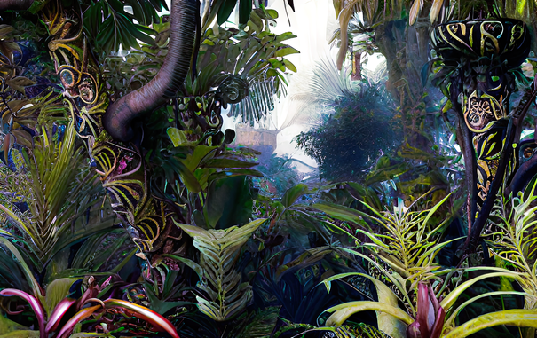 a somewhat faded photographic view through a jungle with oddly  decorated trees framing an opening through which a bit of a building can be seen