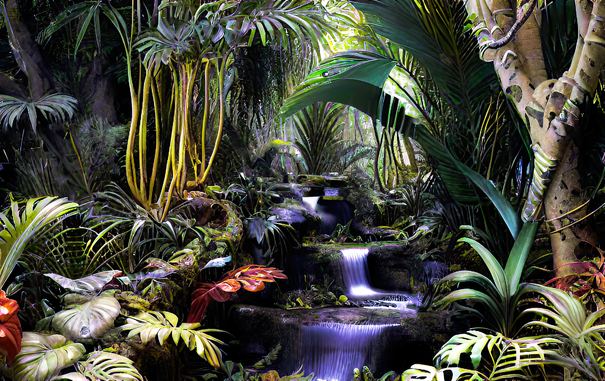 a somewhat faded photographic view of a star-step stream flowing through a a tamed jungle with no signs of untidy leaves or branches