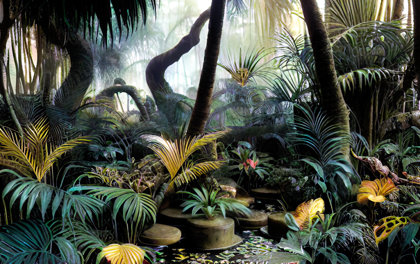 a somewhat faded photographic view of a jungle with a few artificially round stones at the edge of a weed-choked pond
