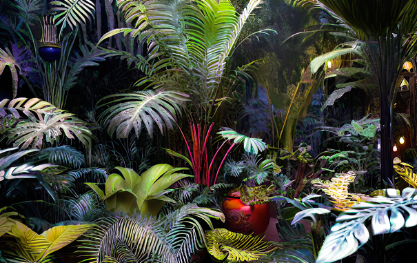 a somewhat faded view of a gardeny jungle scene with artfully arranged pops of color and absolutely no bent or broken leaves or branches