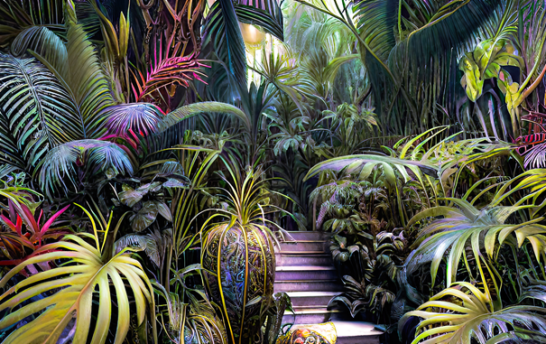 a somewhat faded photographic view of a path through a tidy jungle with artificial steps leading upward