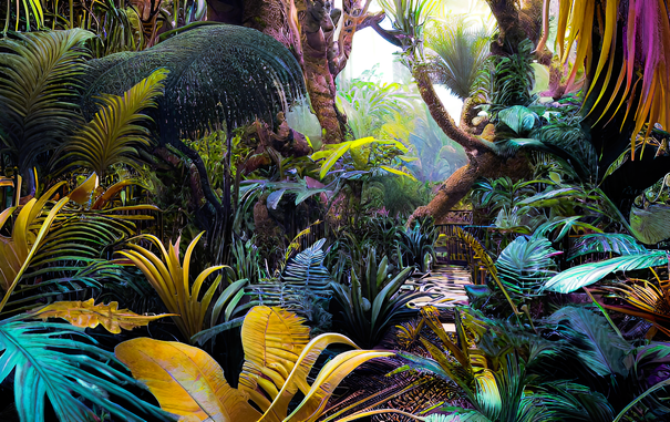 a somewhat faded photographic view of a jungle scene with a hole through which more foggy jungle can be seen, and possibly a remote building
