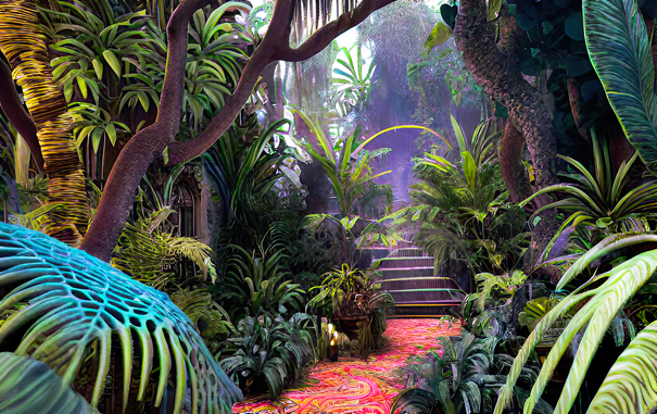 a somewhat faded photographic view of a path through a tamed jungle lined with paisley red carpet leading to artificial stairs and a stone building