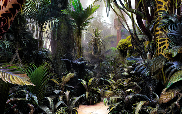 a somewhat faded photographic view of a stone tiled path through a tamed and muted jungle with a complicated stone building barely visible in the background