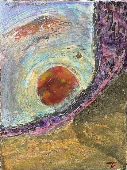 Final version of white gesso spiral on stretched canvas. A highly textured and kind of abstract painting of a cliff in the desert at sunset.
