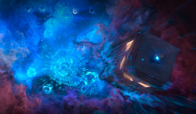 From the newest Doctor Who title sequence, the tardis plummets down through the colorful cloudlike currents of the time vortex interacting with and creating eddys in its path.

It very much reminds me of the evolution of the Star Trek opening sequences that by the time you get to Voyager its flying through icy rings.

I very much enjoyed the updates in all respects.