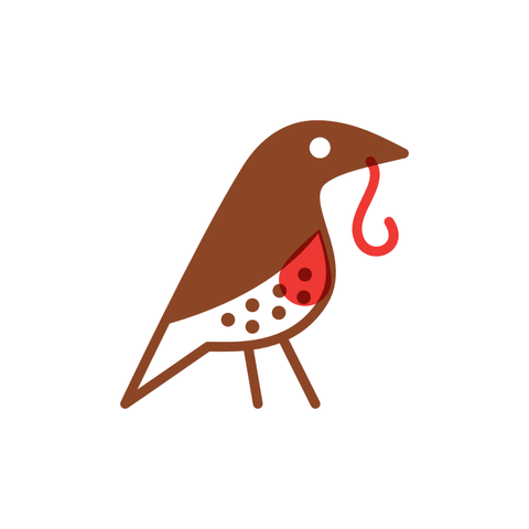 An illustration of a fieldfare holding a worm in its beak, in a simplified, mid-century modern style with overprint effect on the red chest and the where the worm overlaps the beak.