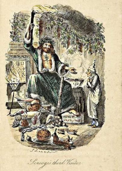 An illustration showing Scrooge and the Ghost of Christmas Present with food and plenty all about Victorian art