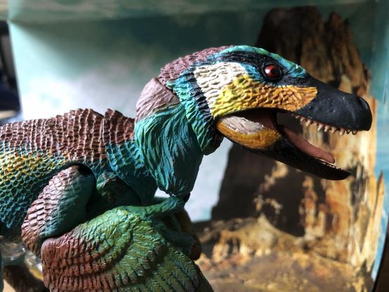 A close-up of my new Linheraptor. It’s got gorgeous blue and brown feathering resembling the colours of a bee eater.