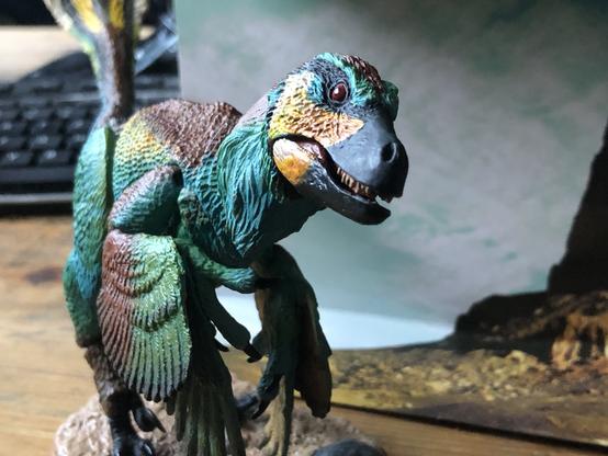 A near frontal posed shot of my Linheraptor . It’s got gorgeous blue and brown feathering resembling the colours of a bee eater.