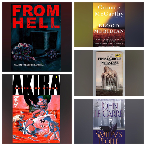 a collage of the covers of the books From Hell, Akira, Blood Meridian, Final Circle of Paradise and Smiley's People
