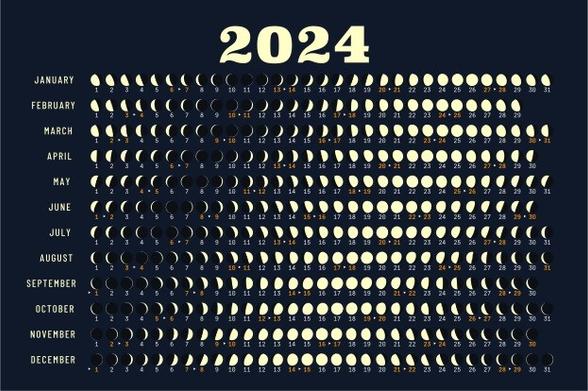 A 2024 year calendar illustrated with phases of the moon for each day, set against a dark background with the year "2024" displayed prominently at the top.