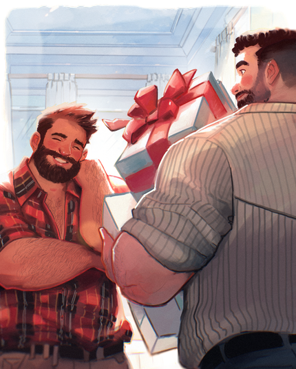 A person is bringing wrapped presents to someone else, that smiles