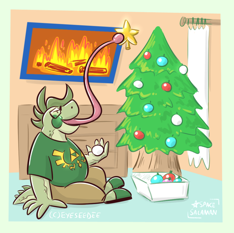 Huggable glasses Dee uses his long sticky tongue to place the star and decorations on the Christmas tree!