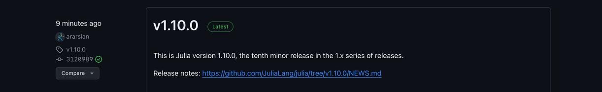 A software release update interface showing the release of version 1.10.0 of Julia, including a description and a link to the release notes on GitHub.