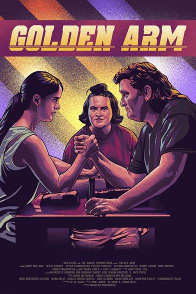 A poster for the movie Golden Arm. A color pencil render of three women gathered around an arm wresting table. Two are facing off against each other.