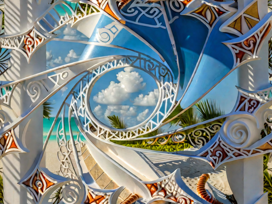 Intricate white and terracotta tropical pattern on a sky blue background with a sunny, serene vibe. Single tile.