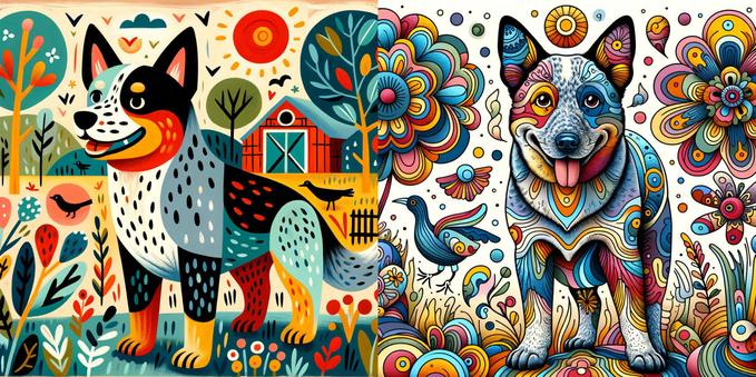 The Dall-E prompt: Draw me an Australian Cattle Dog in the style of Maud Lewis, then in the style of Maud Lewis on acid.

Both dogs, side by side, are very good Cattle dogs, one done in a quilt-like patchwork colouring and one done in psychadelic colour swirls. Both are far too good!