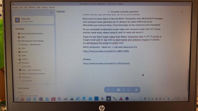 Picture of my laptop displaying Anytype, with a draft of my musical discoveries of september 2023.

Photo de mon PC portable ouvert sur Anytype, sur un brouillon de mes trouvailles musicales de septembre 2023.