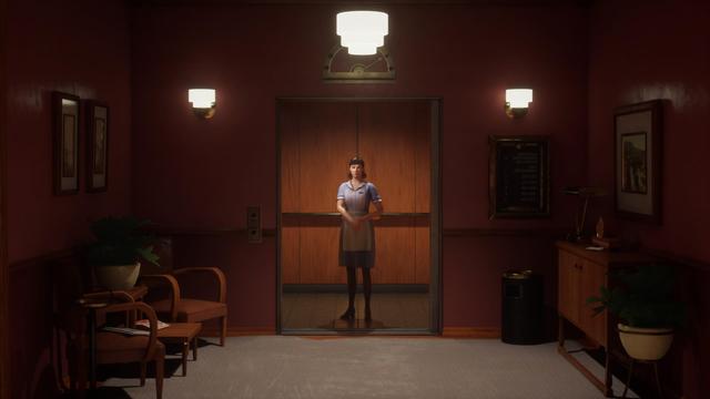 Ein Innenraum mit warmen, gedämpften Lichtern, in dem eine Person vor einem Aufzug steht. Der Raum ist mit Möbeln, Pflanzen und Wandlampen ausgestattet.