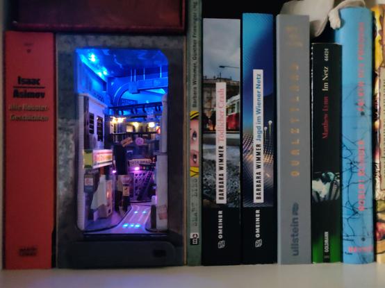 Booknook in voller Beleuchtung zwischen Büchern, im Bücherschrank.