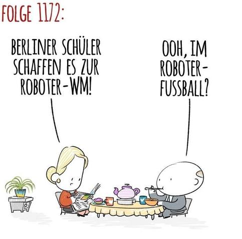 Panel 1: Franzi and Kai at the breakfast table, Franzi reads from the paper: Berlin students made it to the robotics world championships! Kai asks: ooh, in robot soccer?