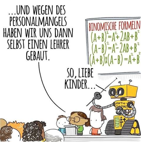 Panel 3: at the robotics world championships, the Berlin students on stage introducing their big yellow robot: so because of the staff shortage we built our own teacher.