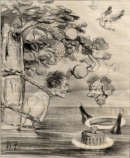 Gravure d'Honoré Daumier (19e siècle) montrant Tantale. Attaché à un arbre chargé de fruits par des chaînes, un homme maigre, nerveux et échevelé serre les dents et tire sur les chaînes. Il est immergé dans de l'eau jusqu'au torse. Des bouteilles de vin, un plat de poisson et un gâteau flottent sous son nez, juste trop loin pour qu'il les attrape.