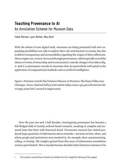 Document titled "Teaching Provenance to AI - An Annotation Scheme for Museum Data" authored by Fabio Mariani, Lynn Rother, Max Koss, discussing the integration of digital tools in museums to enhance transparency and accountability in the origins of