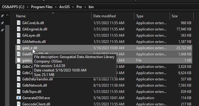 screen shot - ArcGIS Pro directory bin showing GDAL DLL