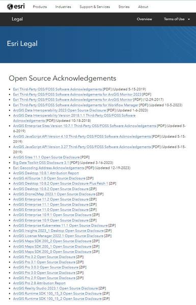 screen shot - list of ESRI Open Source Acknowledgements with links to get more details