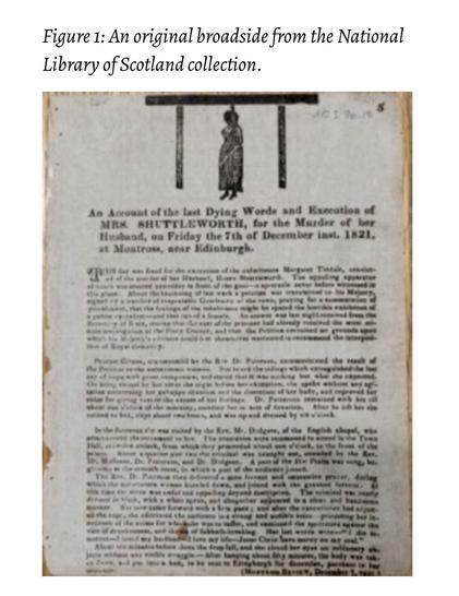 An original broadside from the National Library of Scotland collection, featuring text and a hanging figure illustration.