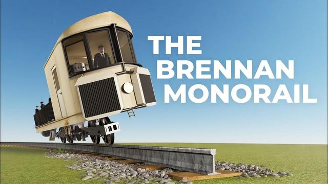 Thumbnail of the video from YouTube. It shows a 3D animated model of the Brennan monorail balancing on a single wheel, text on side reads "The Brennin monorail"