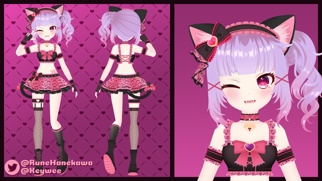 3DModel of Vtuber, Rune Hanekawa, a purple haired, black earred catgirl in a pink cheetah print crop top and skirt, with lots of ruffles and bows.