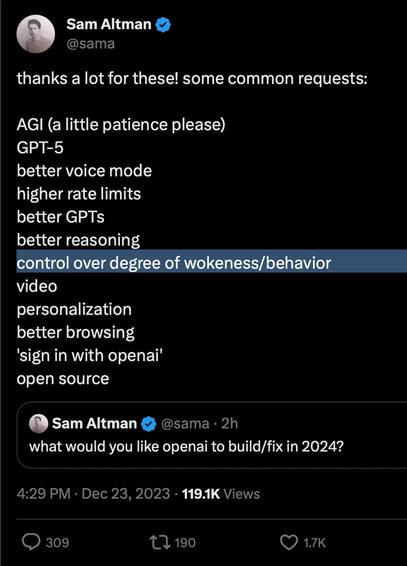 A tweet from Sam Altman listing "control over degrees of wokeness/behaviour" as a common feature request.
