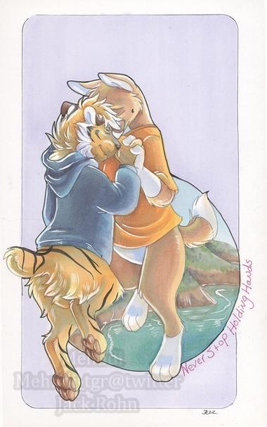An anthro tiger and corgi floating int eh foreground while holding hands. The background is the California coast and ocean.