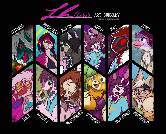 A collage of digital art work I've done over the year, one drawing for each month, in a mosaic pattern. Starting from January: A dragon transformation, a reference sheet of a shark character, a snow leopard taking a picture of their car, Vee as a moogle, a Latias turned protogen, a Rito flying in the sky, a dragon designed from a dragon fruit, Vee as an Avali eating a burger, a cat themed super hero, CalliEcho as a Pawmot, a Reference sheet for Vee, and a bat character striking a martial arts pose.
