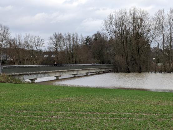 Eine sehr lange Fahrradbrücke über die Werse in Münster. Das Hochwasser hat die Felder unter der Brücke vollständig geflutet. Die Brücke wurde so gebaut, dass sie auch beim diesem Hochwasser noch nutzbar ist.