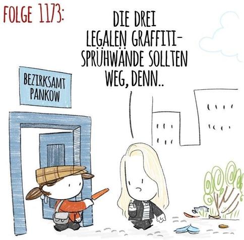 Panel 1: town councillor Manuela Anders-Granitzki leaving the Pankow disctrict exchange while being interviewed by the reporter, she says: The three legal  graffiti walls in Mauerpark need to go...