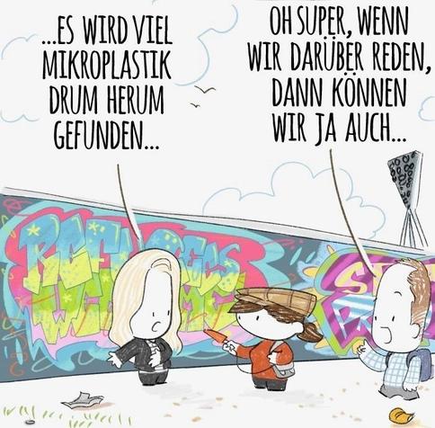 Panel 2: They have reached Mauerpark and are standing in front of a graffiti mural by the stadium. She continues: ...because we found a lot of microplastics around them. A passerby says: oh great, if we‘re talking about that...
