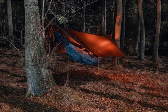 Outdoorová hamaka v provedení pro zimní přespání se ve větru houpe zavěšená v olších. Je noc a na celou scénu dopadá světlo měsíce. Scénu dokresluje teplé oranžové světlo, které se šíří z hamaky díky zavěšené lucerně kdesi uvnitř. Na zemi pod hamakou se perou stíny noci.