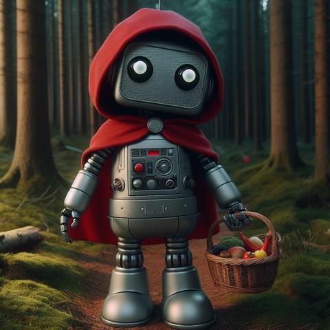 A small robot with a red hood, lost in a forest