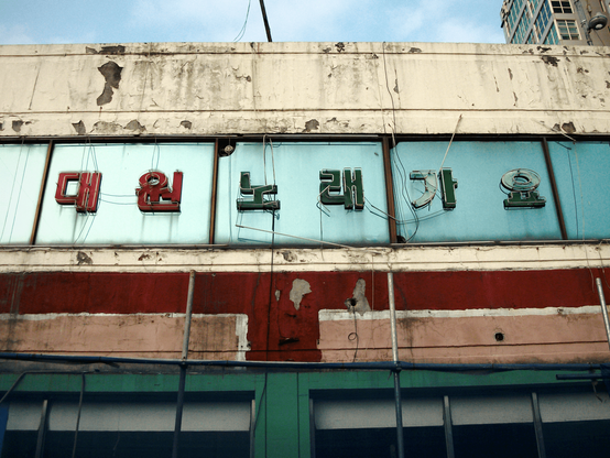 The building is old and unpainted, with the words "Daewon Karaoke" on the window. Neon lights are attached along the border of the letters, but many are fallen or broken. At the bottom, you can see the forbidden fence and net.