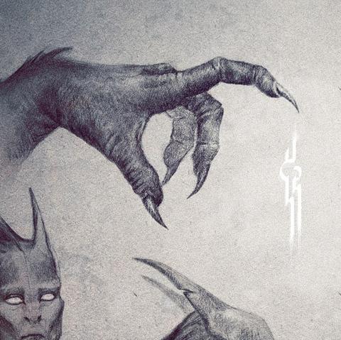 A drawing of an alien hand with four, clawed digits - one thumb and three fingers with. On the wrist is a tuft of fur. The index finger is raised and points to a glowing symbol. In the corners are other drawings peaking in.