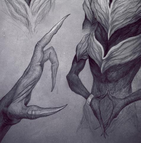 A drawing of an alien hand with three digits - one thumb and two fingers. The digits are almost human-like but for the long, white claws that seem to gradually merge with the digits. On the side are other drawings sticking in. One of the drawings is two of those hands held together in front of an alien body.