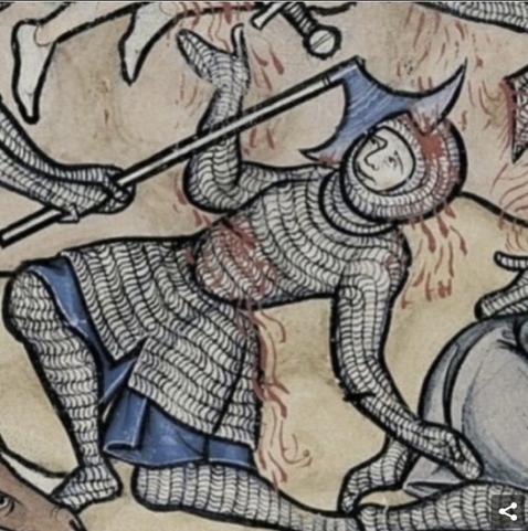 Medieval art of a dude hit with a ax, looking very unbothered by it.