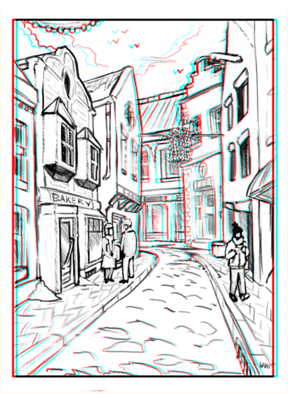 A line-drawing of a street in a european town during winter. Some folks are walking through it, there's some snow here and there, as well as decorative lights hanging between buildings. The image has anaglyphic stereoscopic 3d features, which makes the furthest end of the street look further away if wearing red-cyan (with cyan on the right eye) 3d glasses.