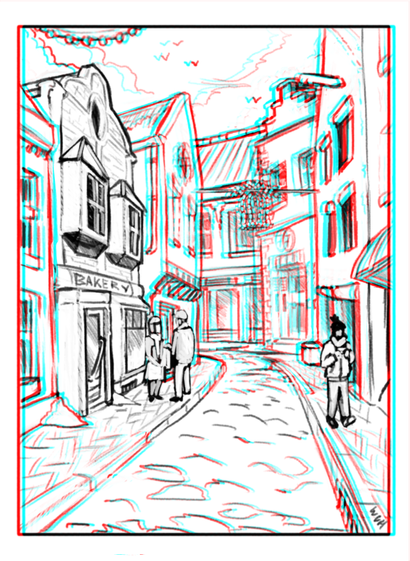 Same image, but now the stereoscopic 3d looks choppy. This is an intermediate version where the different layers are separated and adjusted for the stereoscopic effect, but the smoothing of the first image had not yet been applied. This makes the depth effect look like it was made out of layered pieces of paper.